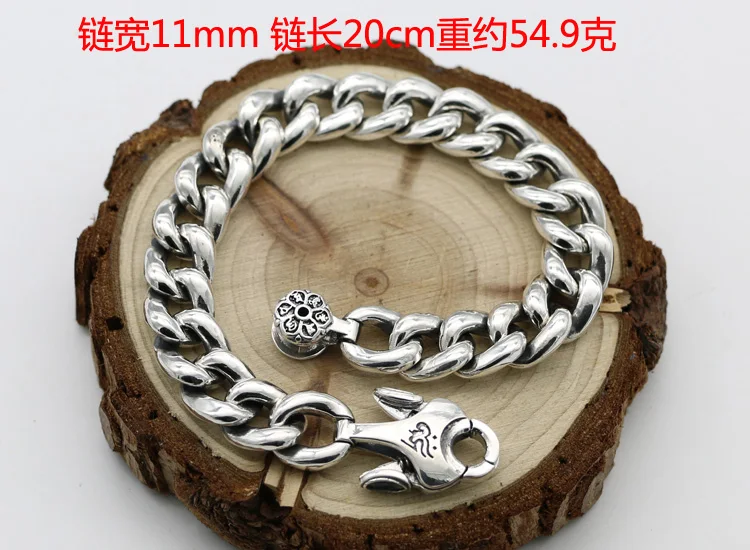 Stylist punk hip-hop street trendsetter retro Thai silver six character truth cherry blossom bracelet 925 sterling silver bracel