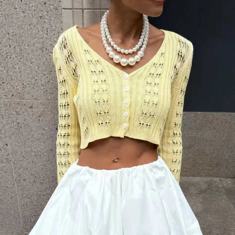 

NONSAR Spring Knitted Cardigan Women Solid V-Neck Hollow Out Short Knitted Tops Fashion Casual Loose Commuter Female T-Shirt