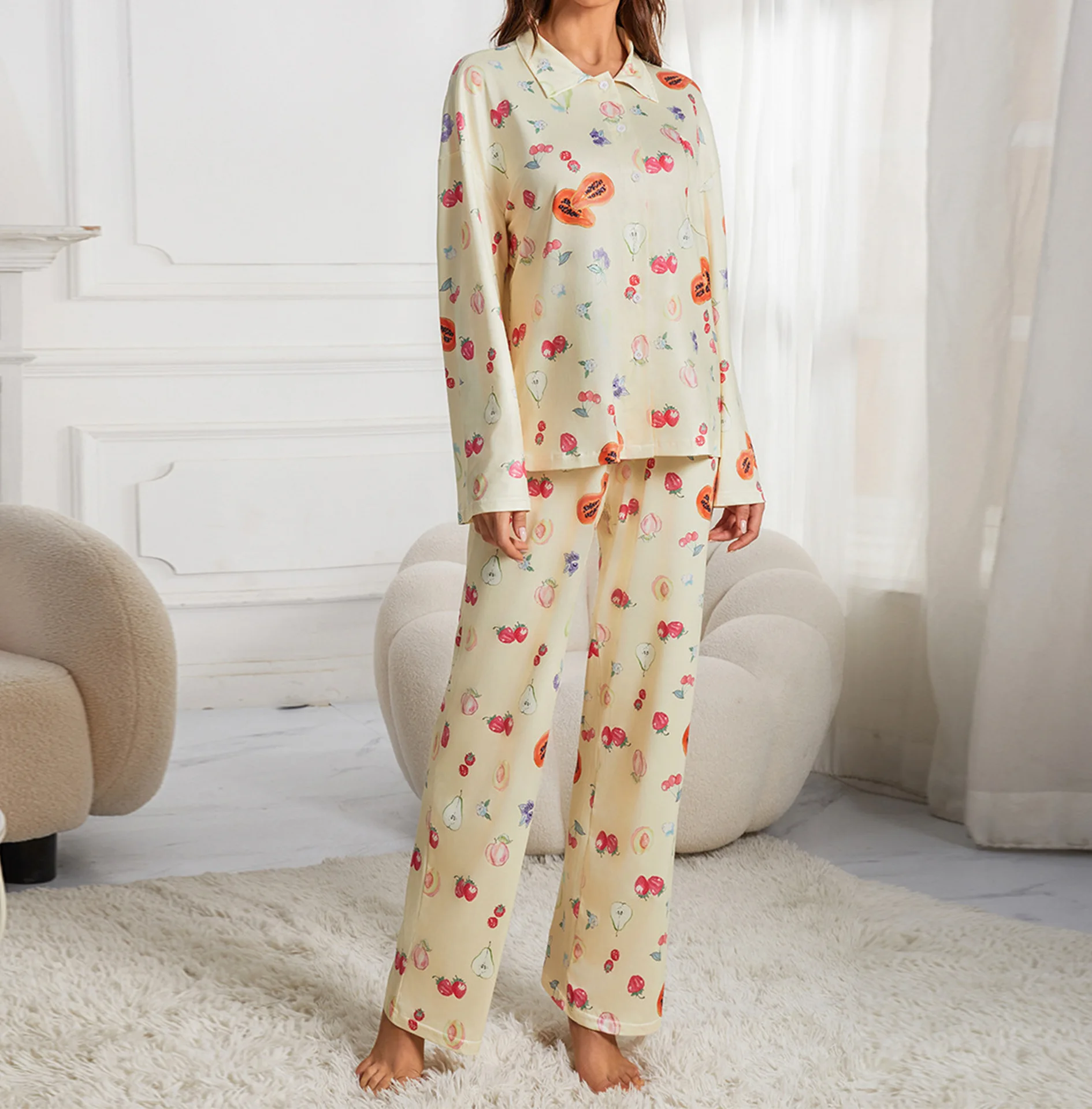 Long-sleeved printed pajamas split irregular trousers loose suit women\'s household clothes