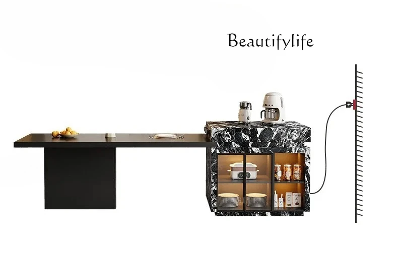 

custom small apartment open kitchen bar Island table integrated rock slab guide table cabinet