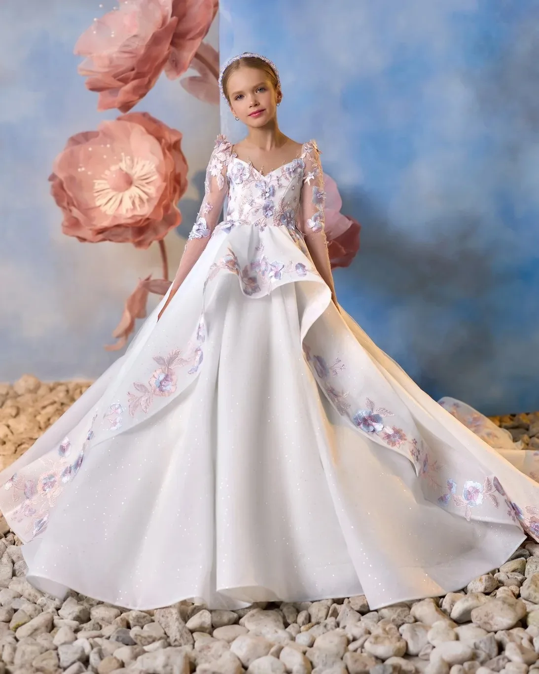 Robes de demoiselle d'honneur pour mariage, avec des Appliques en dentelle, manches longues, robes de princesse pour séance photo, robes de première Communion personnalisées