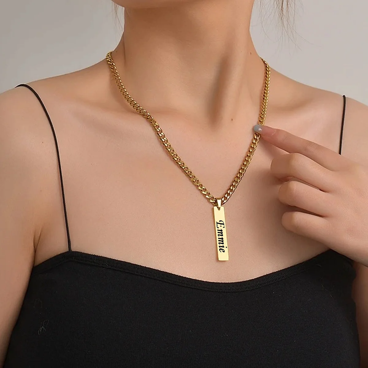 Custom Name Rectangular Pendant Necklace For Women Punk Stainless Steel Laser Black Marking Nameplate Choker Cuban Chain Jewelry