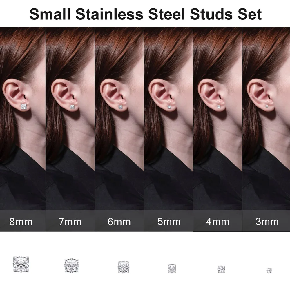 1 Pair Hypoallergenic Stainless Steel Small Tiny White Round/Square Cubic Zirconia Stud Earrings for Men Women Silver Tone 3-8mm