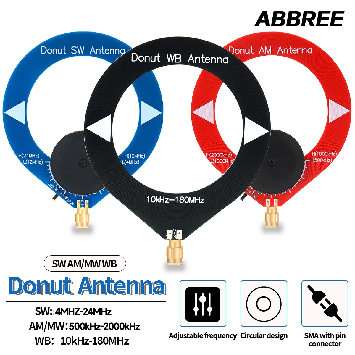 

ABBREE Donut AM Антенна 500 кГц-2000 кГц Интерфейс SMA Мини-петлевая антенна Радиоантенна для малахитового SDR
