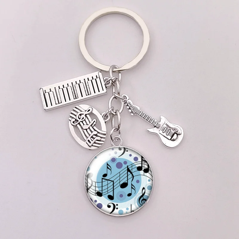 Heart-shaped piano love pendant round glass keychain Music Notes Wave Keychain Music Keyboard Keyring Music Lover Pianist Gift