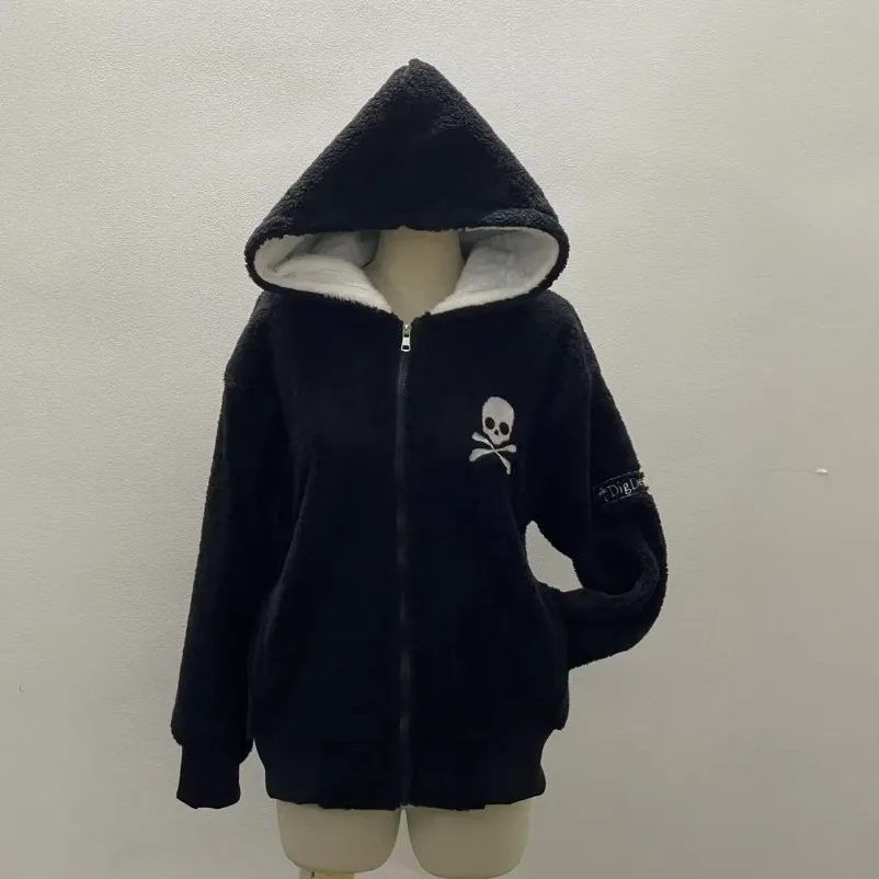 Lamb Wool Jackets Women Gothic Y2k Hoodies Cross Skull Grunge Zipper Sweatshirts Vintage Casual Hooded Coats Harajuku Streetwear