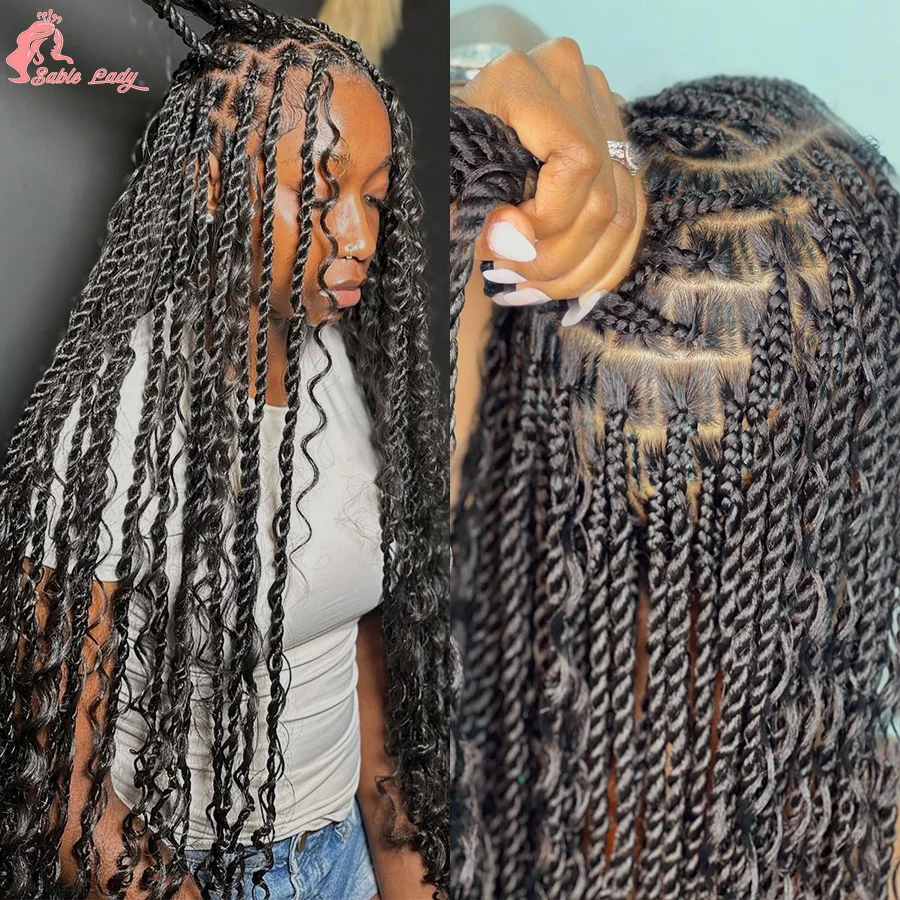 

Synthetic Boho Twist With Curls End Knotless Braided Wigs For Black Women Full Lace Senegalese Twists Box Braided Wigs With Baby