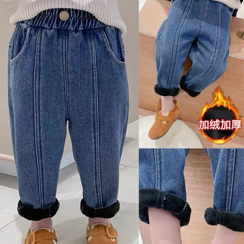 

Children's Velvet Jeans Winter Thick Pants New Boys' and Girls' Warm Pants Kids Outerwear Long Pants 90-140cm