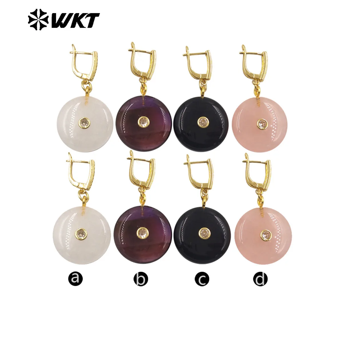 

WT-E809 Модные круглые золотые серьги с розовым кварцем и различными натуральными камнями с цирконами, элегантные женские украшения на каждый день