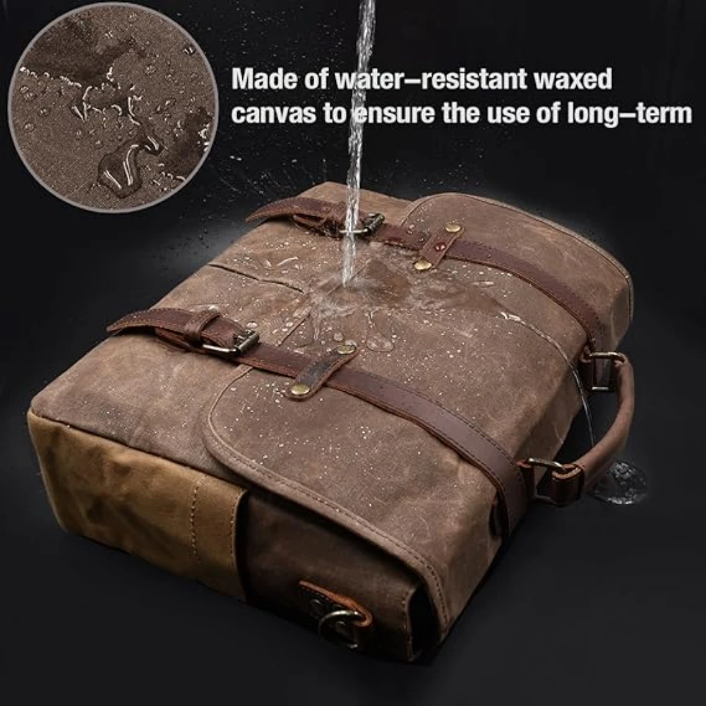 Mens Messenger Bag 15.6 Inch Waterproof Vintage Genuine Leather Waxed Canvas Briefcase Large Leather Computer Laptop Bag Rugged