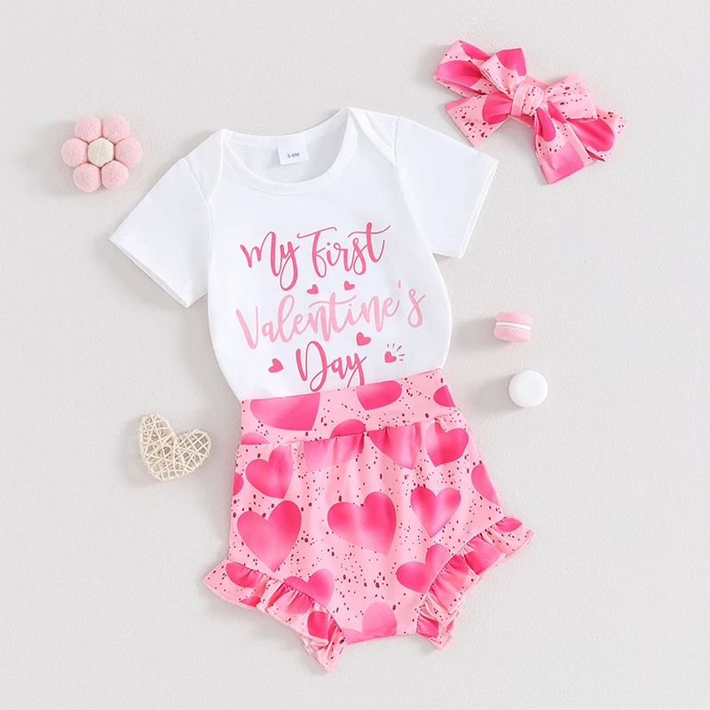 

Women s Valentine s Day Heart Print Off Shoulder Top and High Waist Ruffle Skirt Set with Matching Headband - Romantic Summer