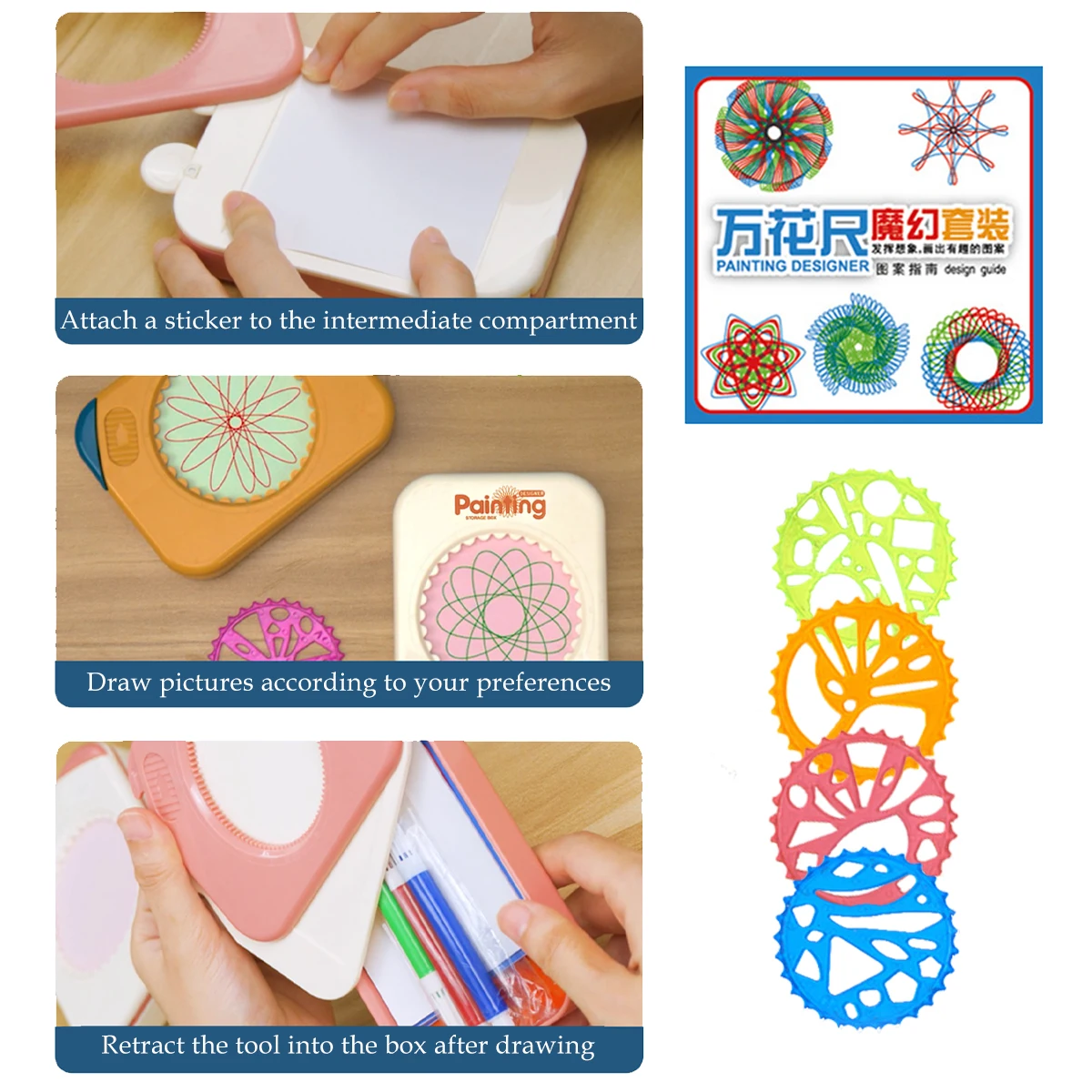 Drawing Art Spirograph Set, Fun Shapes Classic Gear Design Drawing Toys Pink and Blue For Kids 8+ Some Parts are Sent Random