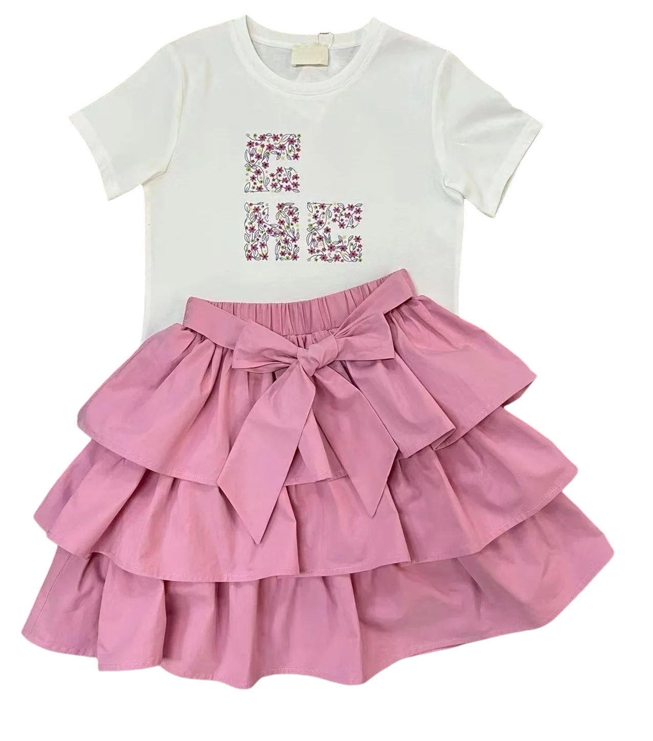 high fashion design baby girls clothing sets 2024 summer new floral printed t shirt with skirt 2 piece dress for girls