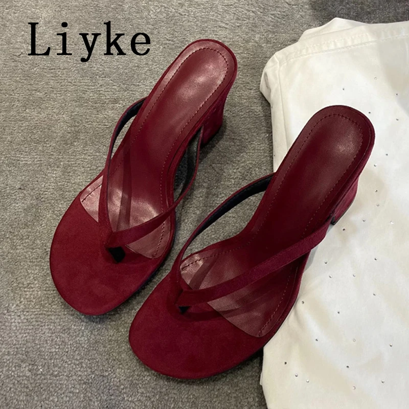 

Liyke/2026 летние новые брендовые женские тапочки, модные женские повседневные шлепанцы с узким ремешком, уличные шлепанцы на танкетке