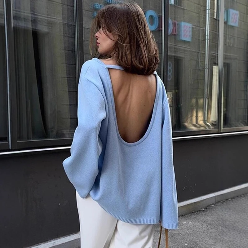 

Tornova Backless Sweater Loose Knitted Pullovers For Women 2025 Autumn New Fashion Casual Long Sleeve Female Solid Knitted Top