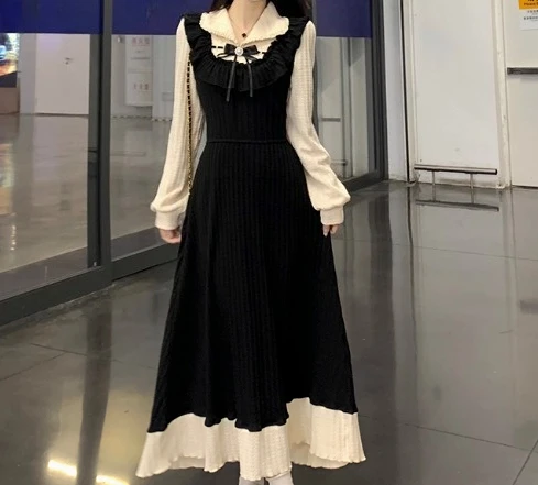 Duży Rozmiar Koreańska Jesienno-Zimowa Sukienka w Stylu Francuskim, Udająca Dwuczęściową, Elegancka, Odmładzająca, z Długim Rękawem, Słodka Sukienka w Japońskim Stylu