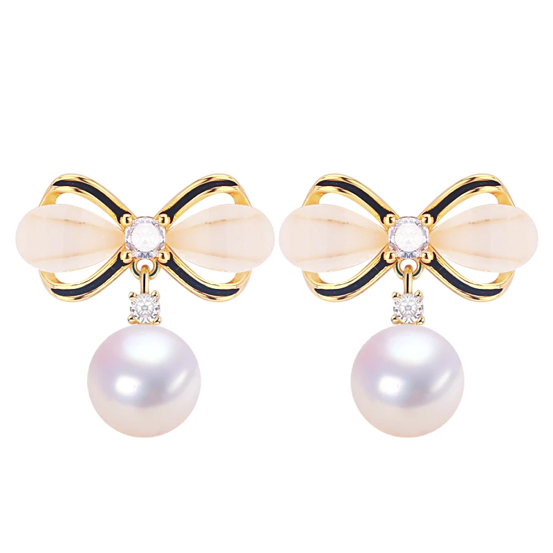 ZHBORUINI High Brightness Natural Freshwater Pearl Earrings For Women Sweet Bow Agile Pearl Earrings S925 Silver Ear Needles