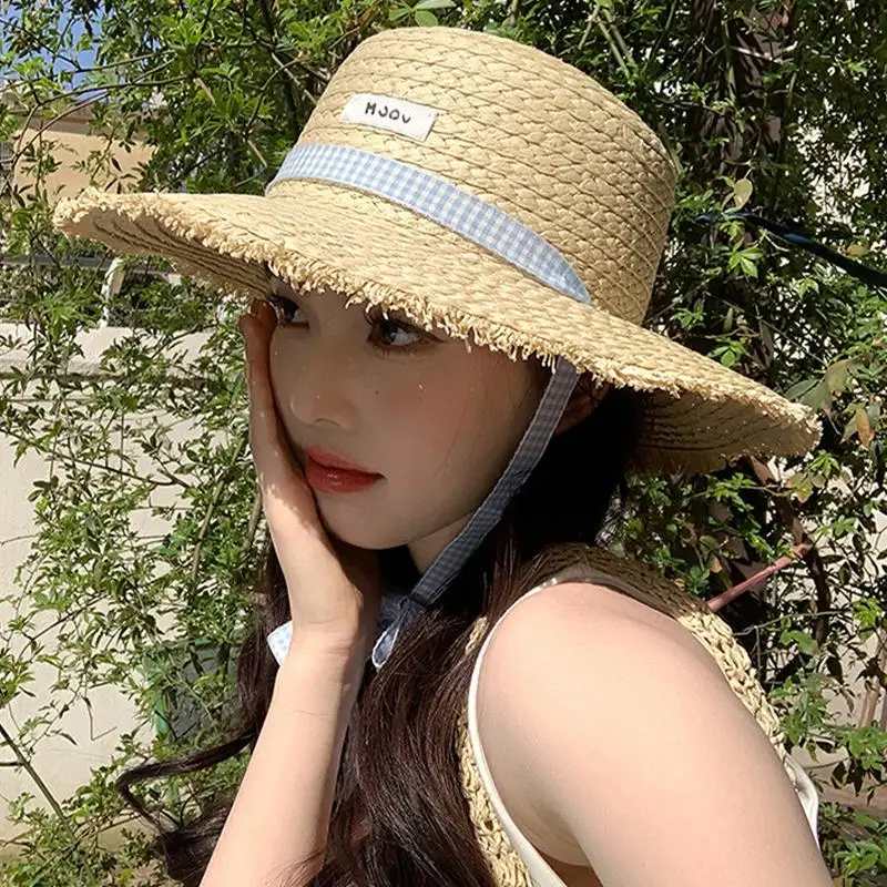 Beach Straw Hat for Women Wide Brim Sun Hat with Lace Bow Elegant Sun Protection for Outdoor Travel
