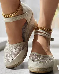 Sandals Embroidery Braided Espadrille Ankle Strap Wedge Mesh Sequined Women 6cm High Heel Espadrille Sandals Breathable Shoes