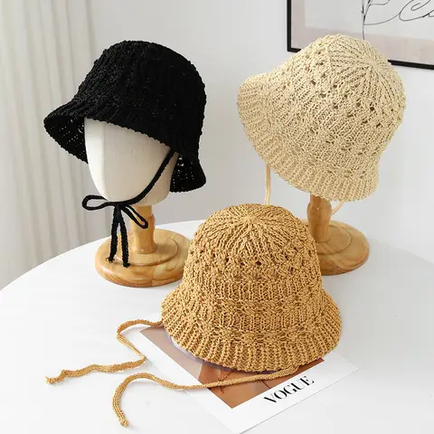 Sweet Korean Bucket Hats Breathable Sunshade Straw Woven Fisherman Hat Beach Binding Hat Versatile Spring Summer Caps