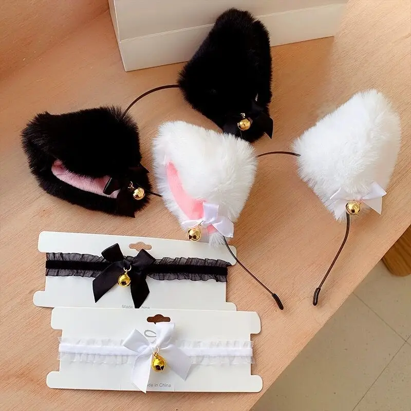 Cat Ear Headband Women Girls Bowknot Bell Chocker Necklace Plush Furry Hair Band Hair Clips Paws Anime Props Cosplay Party