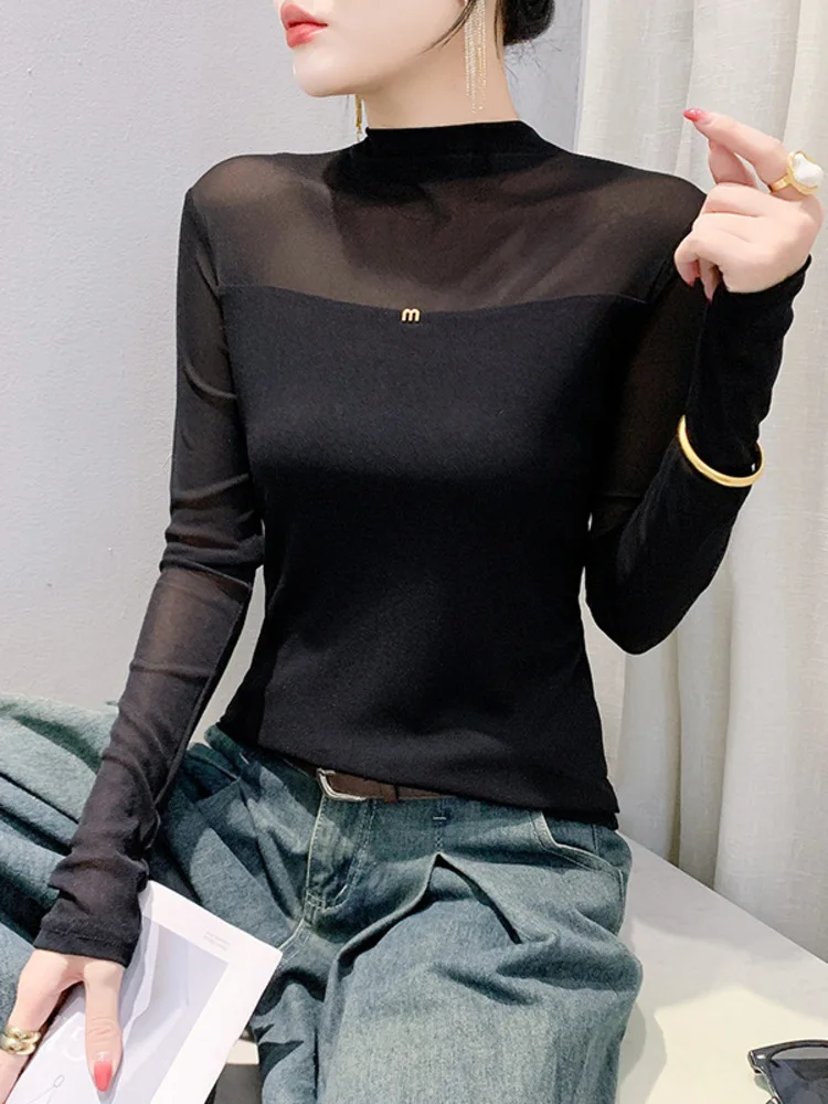 European Goods 2025 Autumn/Winter New Style Temperament Versatile Semi High Collar Solid Color Long Sleeved Mesh Base Shirt Top