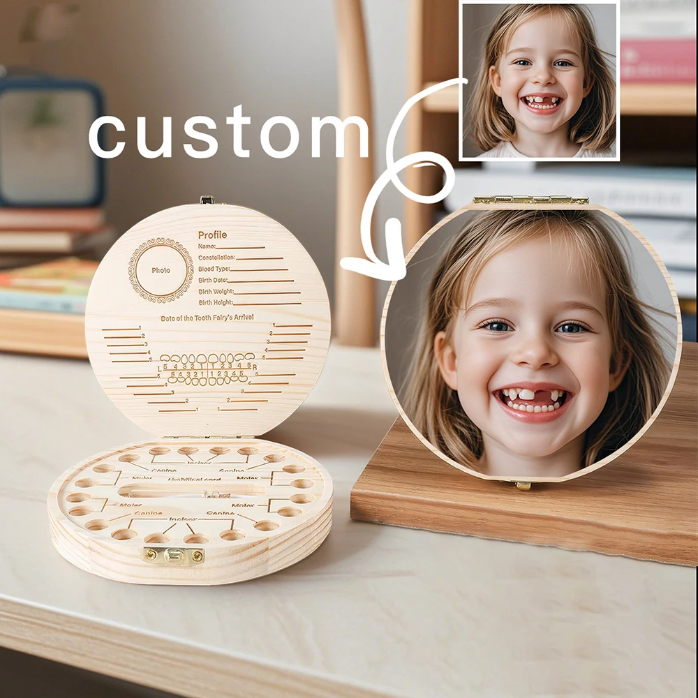 Children Baby Tooth Box Wooden Customizable Photo Frame Tooth Fetal Hair Storage Save Box Newborn Gift Kid Growth Record