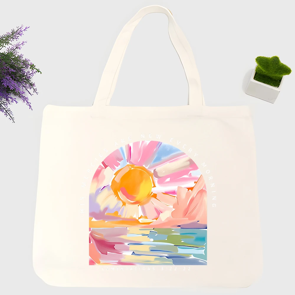 Men's abstract sunset print canvas tote bag, artistic design for daily shopping and casual outings