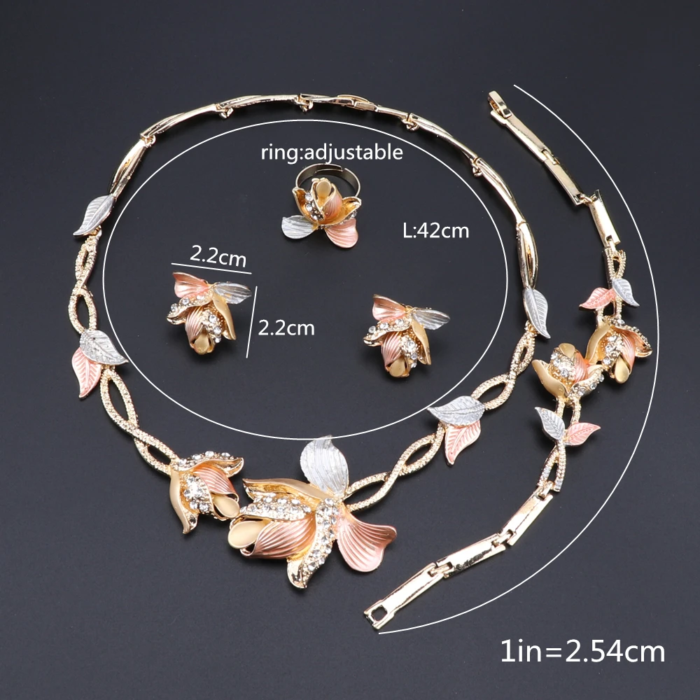 Nigerian Wedding Women Accessories Jewelry Set Dubai Gold Color Flower Shape Necklace Earrings Bracelet Ring