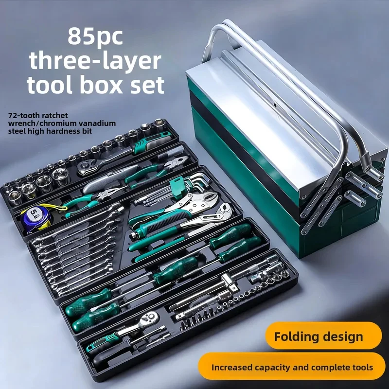 

85-Piece Professional 3-Layer Toolbox Set - Heavy-Duty Socket & Wrench Kit for Auto Repair & Maintenance