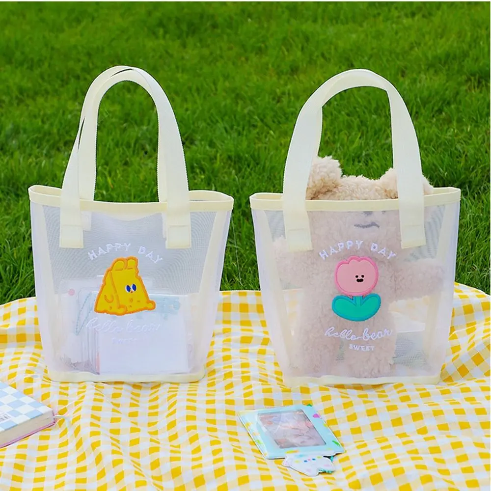 Large Capacity Cute Bear Beach Bag Portable Reusable Cartoon Bear Handbag Multi-functions Long Handle Mesh Tote Bag Women