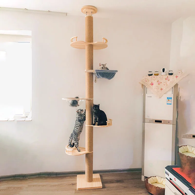 Solid Wood Cat Tower Nest Tree Apartment Game Climbing Frame Cat Scratch Column Platform Interactive Toys Pet Products for Cats