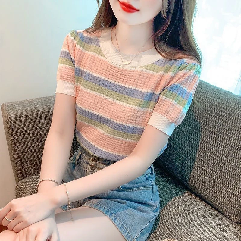 Slim Fit Short Sleeve T-Shirt Women's round Neck Striped Knitted Top Summer Korean Style Gentle Color Block Design Sense