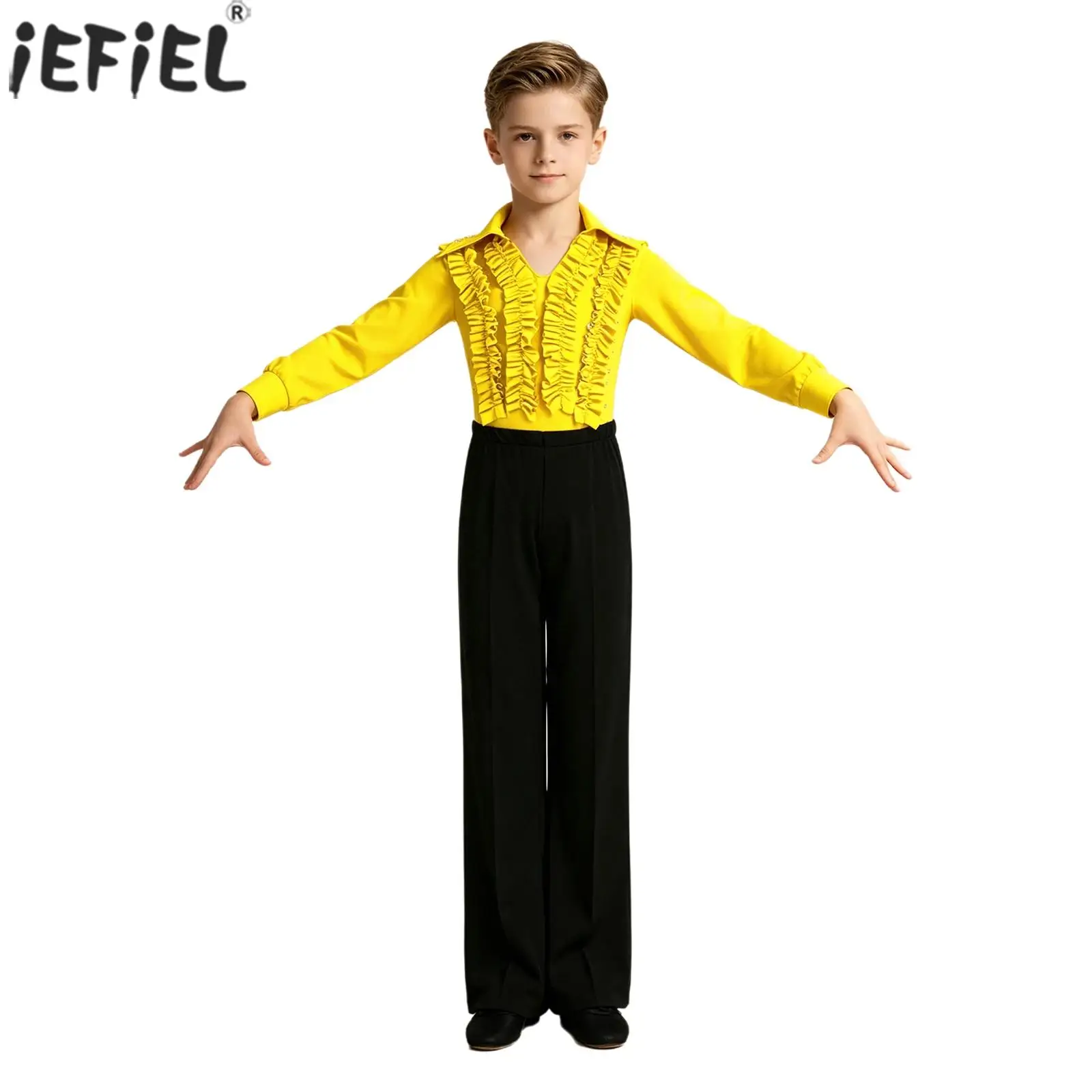Kids Boys Latin Dance Rumba Tango Cha Cha Outfits Long Sleeve Ruffles Rhinestone Leotard with Pants for ballroom Performance