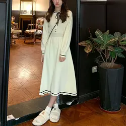 기본 대비 색상 니트 드레스, 여성 의류, 패션 드로스트링, 가을, 겨울, 긴 소매, 출퇴근, A 라인, 미디 원피스