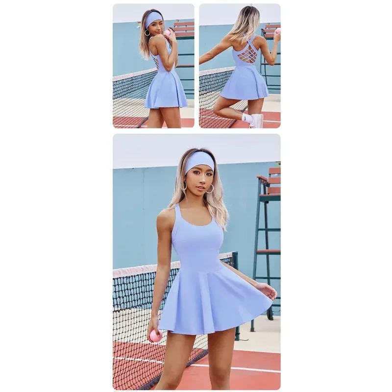

CyWomen Tennis Dress One-Pieces Slim Fit Soft Sports Sets Golf Badminton Skorts Back Cross Tracksuits With Chest Pads Yoga Suits