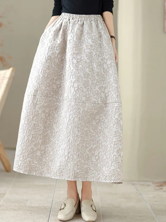 

Юбка-миди с вышивкой в стиле ретро, повседневная универсальная юбка-миди с высокой талией для женщин больших размеров, осень-зима, новинка с цветочным принтом