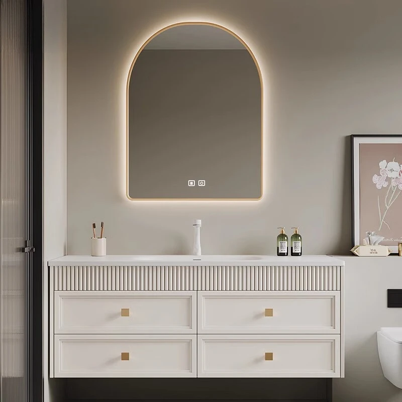#Integrated Basin Bathroom Cabinet, Light Luxury French Oak Washbasin, Milk Oil Wind Washbasin, Bathroom, Nordic Style