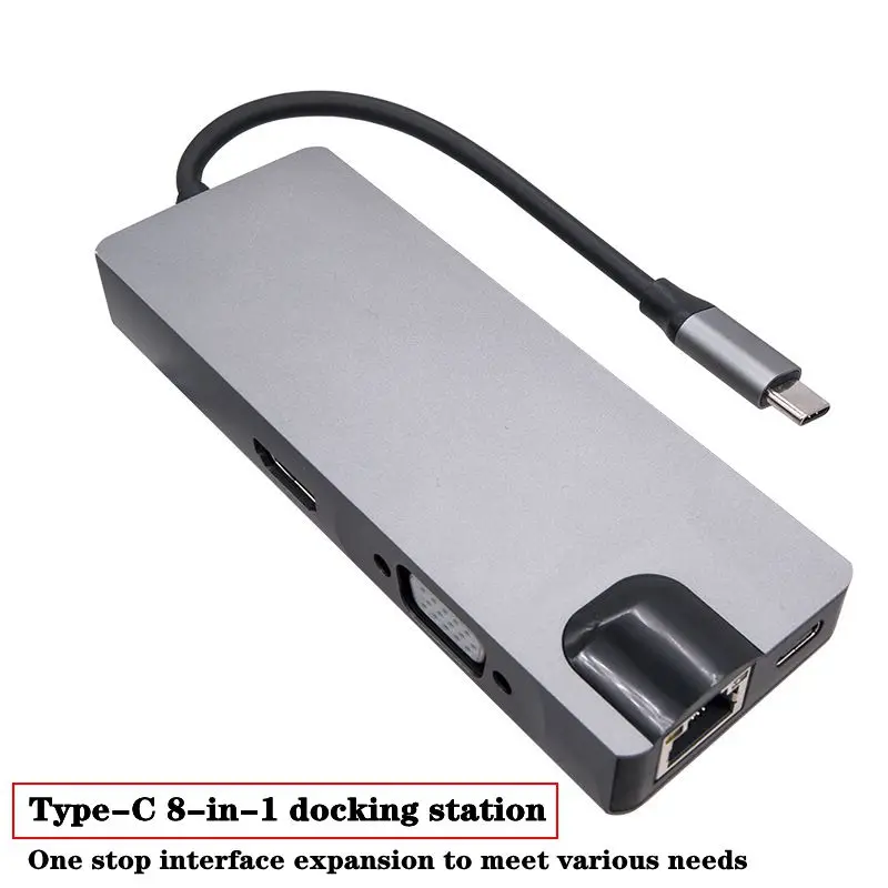 

Type-C Docking Station Eight In One HDMI Compatible/VGA Converter HUB Multi Port SD Card Reader Computer Network Port Gigabit