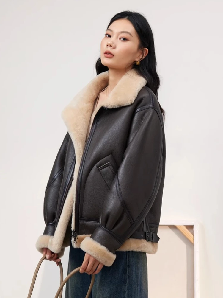 High-end Luxury Merino Sheep Fur Winter Motorcycle Jackets for Women Simple Thickened Warm Genuine Leather Real Lamb Fur Coat