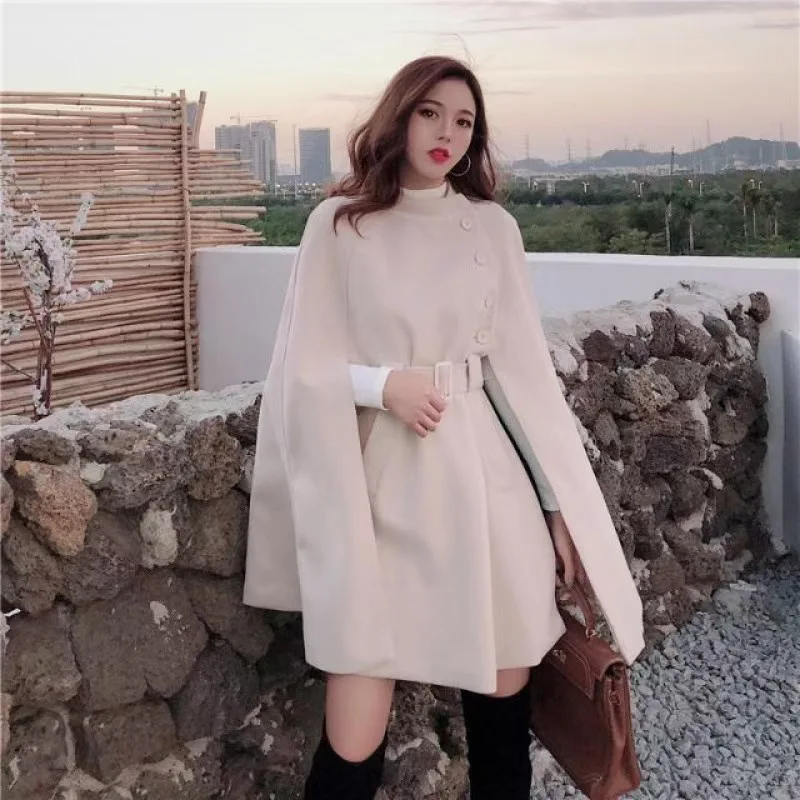 Women's Autumn Woolen Cloth Cape Poncho Mid-Length Sleeveless Casual Shawl Coat with Belt Korean Style