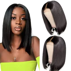 Peluca de cabello humano liso con cierre frontal, cabellera de color negro Natural de 13x4, transparente, sin pegamento, con encaje, corte Bob, 300 de densidad