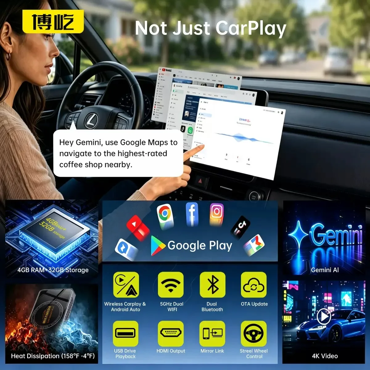 【Brand】Smart AI Box 2+16GB Car Play Android 13.0 Android Auto Wireless CarPlay Adapter With HDMI FOTA Upgrade Built-In Heat Sink