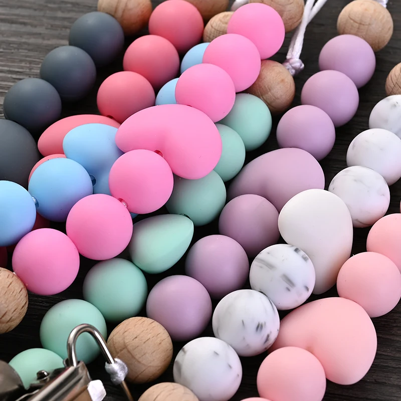 1Pcs Heart Metal Baby Nipple Clips Silicone Round Teether Beads Pacifier Chain For Baby Teething Nursing Safe Chew Toys BPA Free