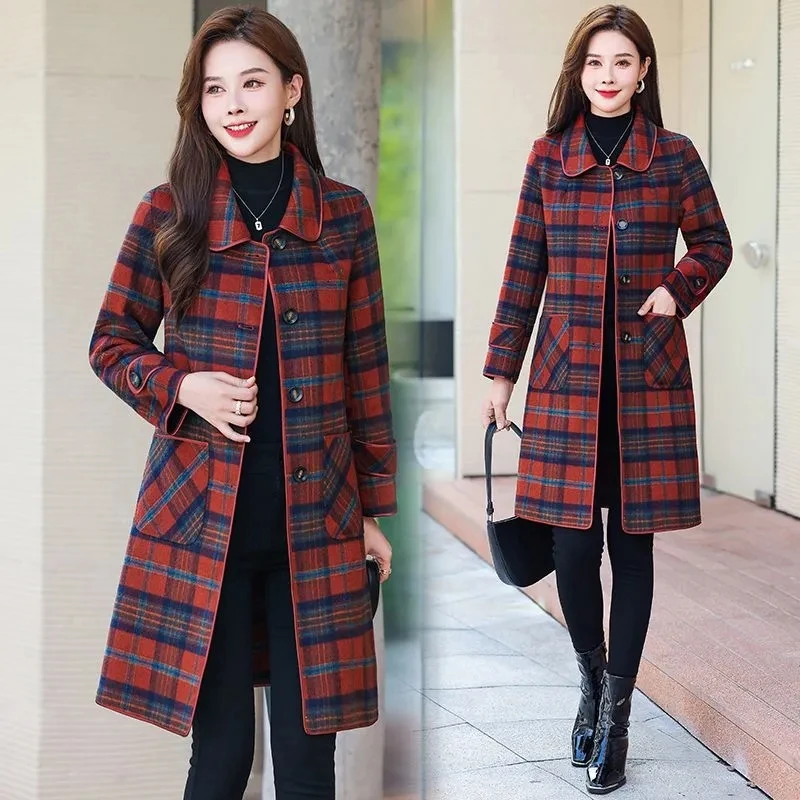 High End Fashion Women Double Sided Cashmere Woolen Coat Autumn Winter Single Breasted Plaid Wool Jacket Mother Long Windbreaker