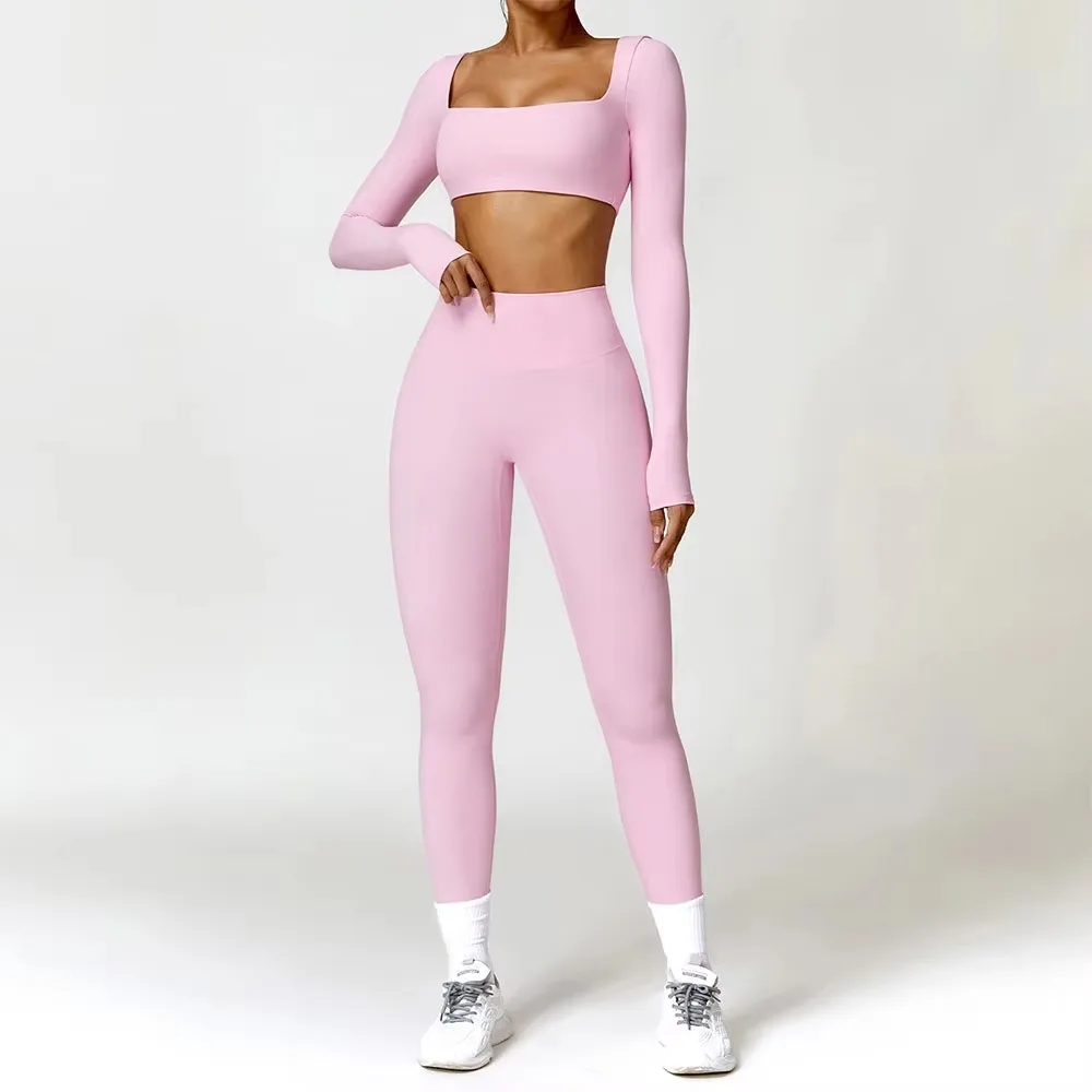 

Yoga Set 2PCS Sportswear Workout Clothes Athletic Wear Gym Legging Fitness Bra Crop Top Long Sleeve Sports Suits Women Tracksuit