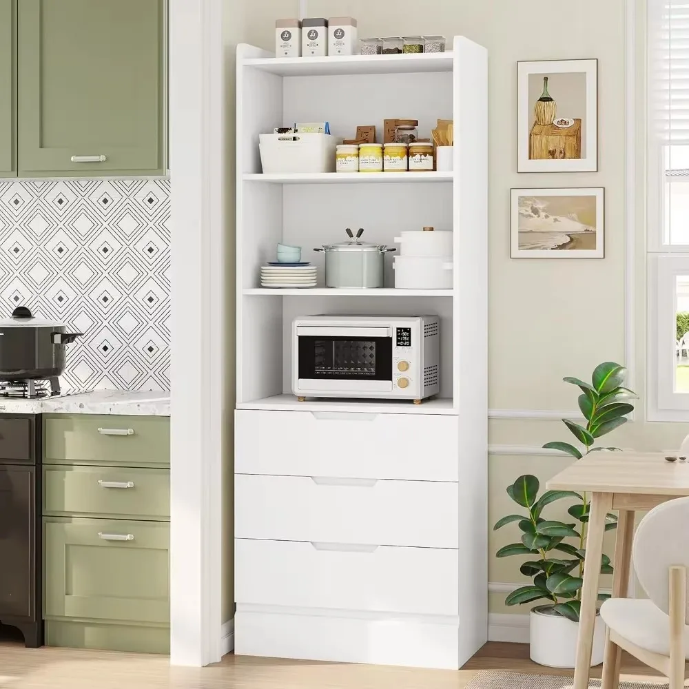 

73.23'' Tall Storage Cabinet Bookcase with 3 Drawers and 3-Tier Open Shelves Wooden Bookshelf Kitchen Pantry Storage Organizer