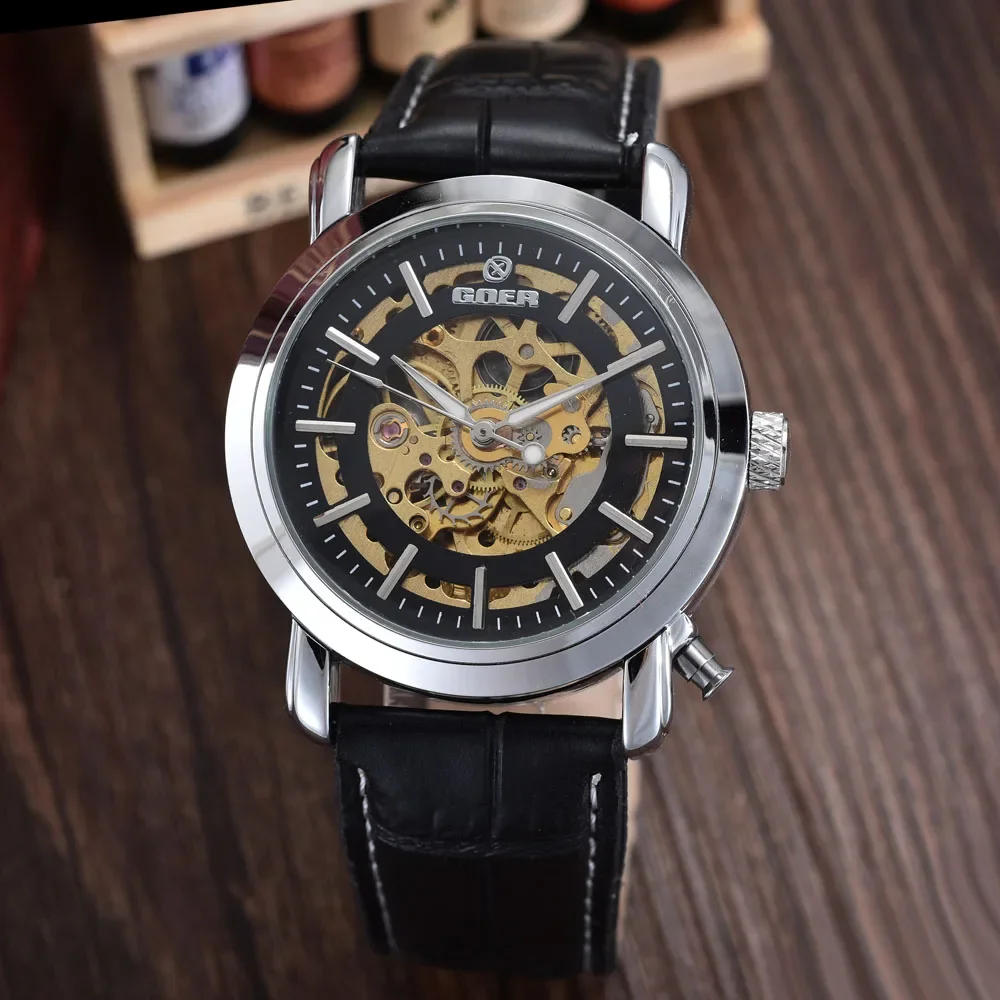 Relogio Masculino Men Mechanical Watches T-Goer Leather Band Automatic Mechanical Wristwatches Photo Inset Flip Watches Men