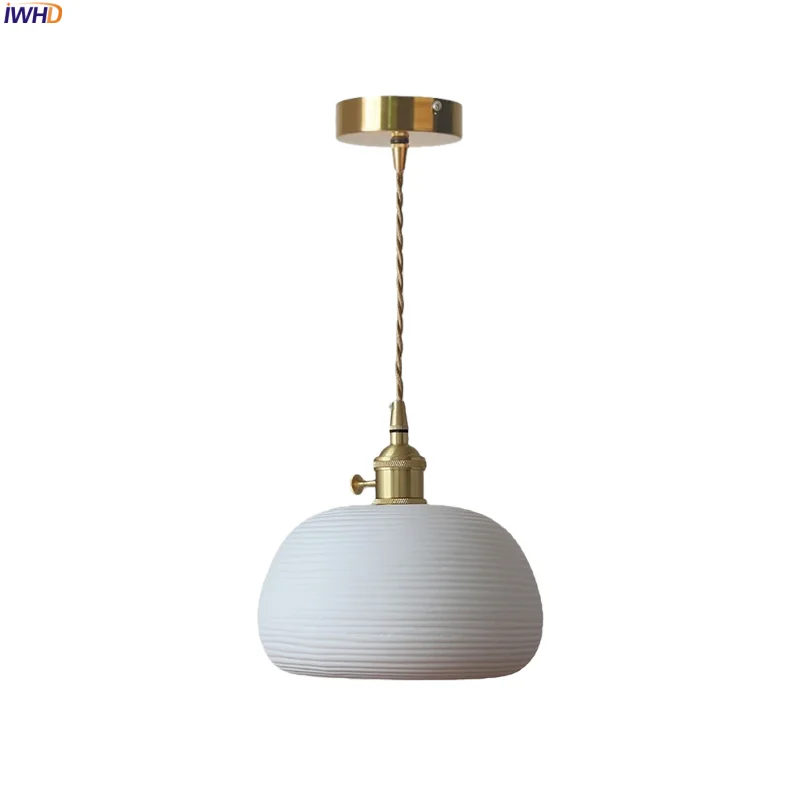 

IWHD Nordic Modern LED Hanging Lamps Bedroom Kitchen Island Dining Room Interior Copper White Ceramic Pendant Light Hanglampen