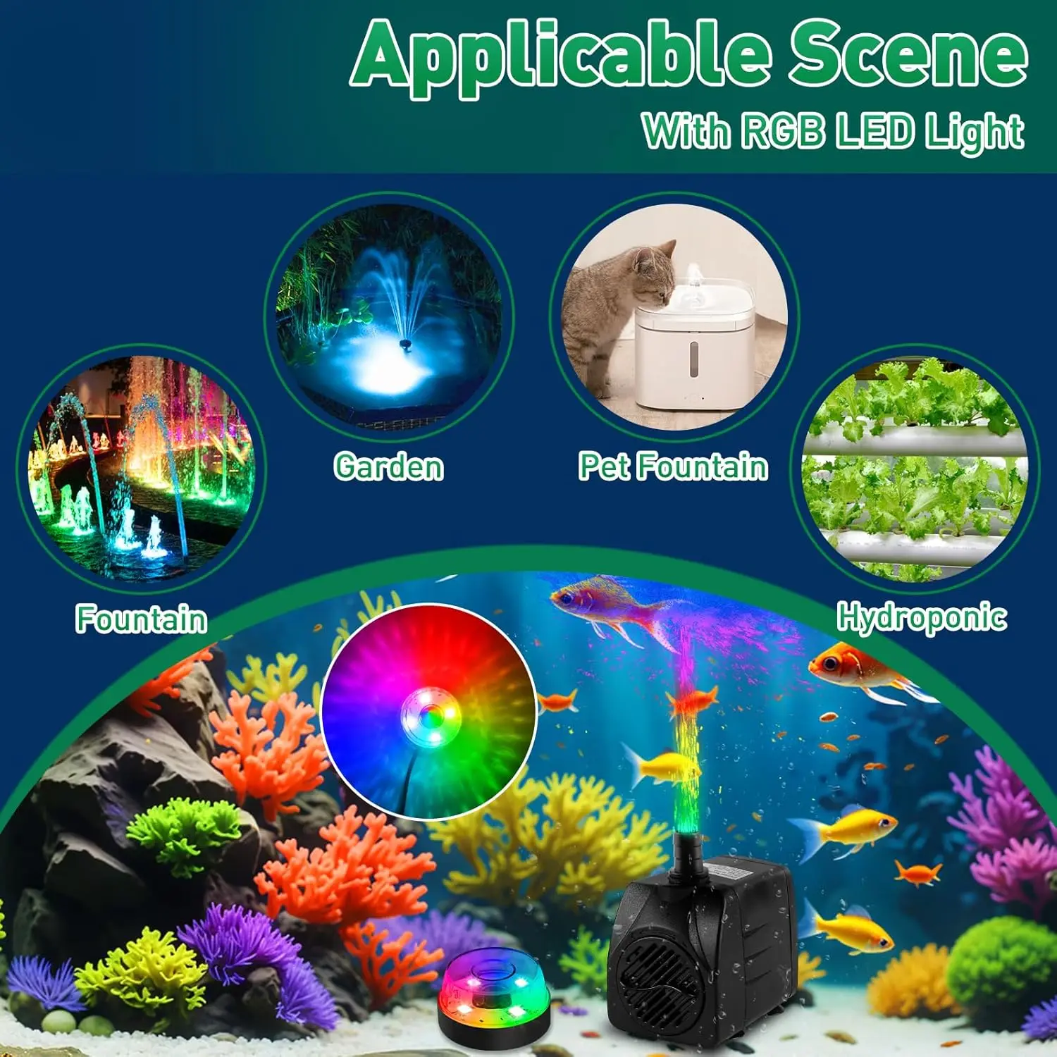 مضخة مياه غاطسة مع 3 أضواء LED ملونة 800L/H مضخة بركة صغيرة لميزة المياه خزان حوض أسماك نافورة خارجية #6